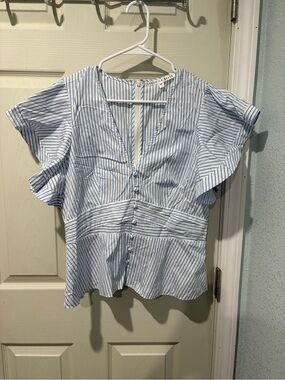 Veronica Beard Han Ruffle Sleeve Top Striped Cotton